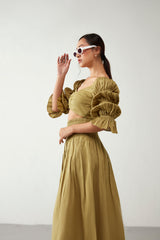 Green Daunting Sleeve Three Layers Cotton Crop Top