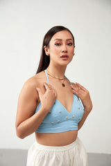 Blue Floral Embroidered Cotton Crop Top