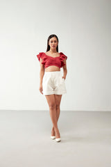 Red & Off white Ruffle Crop top Cotton Co-Ord Set