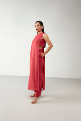 Red Long Shirt Cotton Co-Ord Set