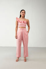 Pink Shoulder Ruffle Cotton Co-Ord Set