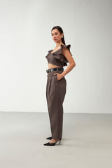 Brown Shoulder Ruffle Cotton Co-Ord Set