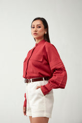Red Antifit Pleated sleeve Cotton Shirt
