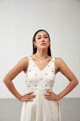 Off White Floral Details Cotton Dress