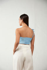 Blue One Shoulder Ruffle Cotton Crop Top