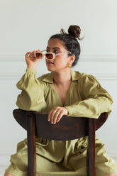 Green Collar style Puff Power Sleeve Dress