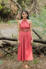 Red Neckline Tie up Cotton Dress