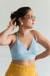 Blue Floral Embroidered Cotton Crop Top