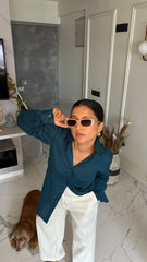 Teal Blue Oversized V Cut Cotton Shirt