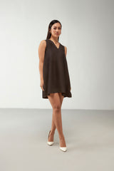 Brown Crisp Anti Fit V Neckline Dress
