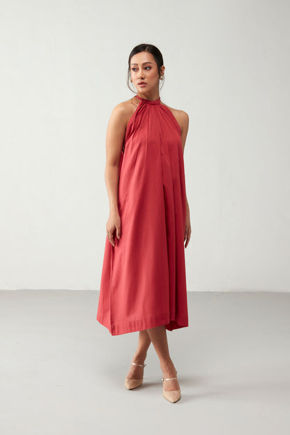 Red Neckline Tie up Cotton Dress