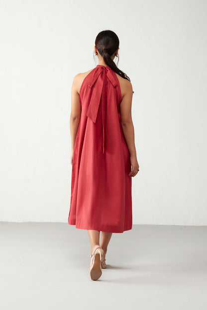 Red Neckline Tie up Cotton Dress