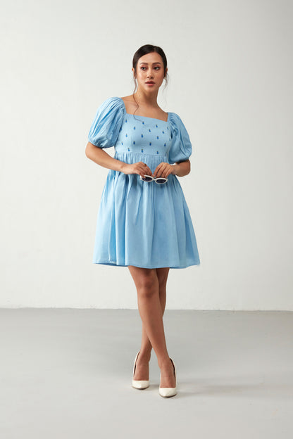 Blue Embroidered Puff Sleeve Dress