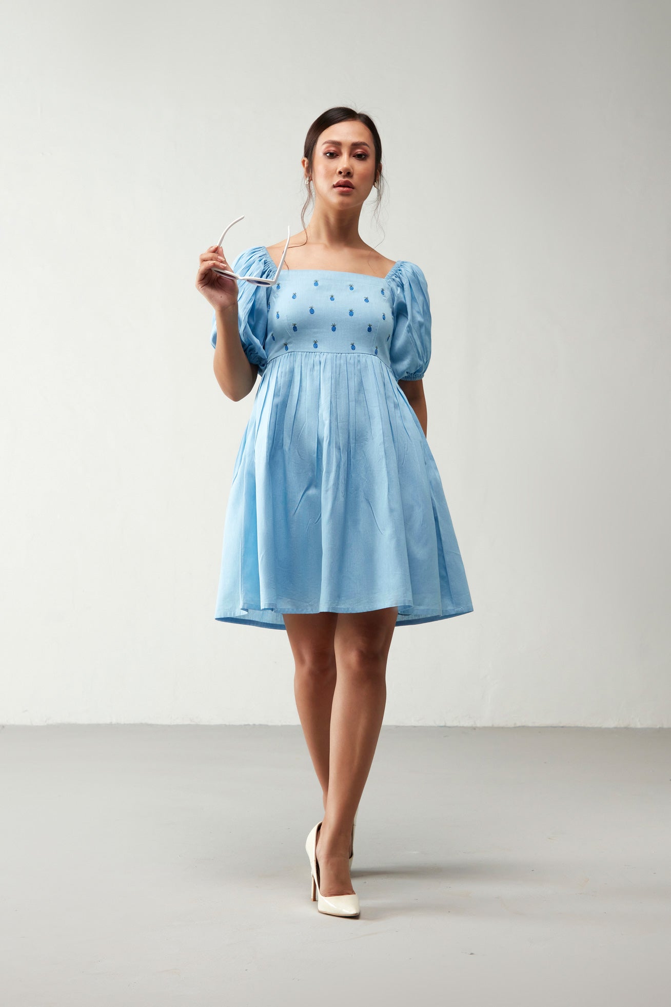 Blue Embroidered Puff Sleeve Dress