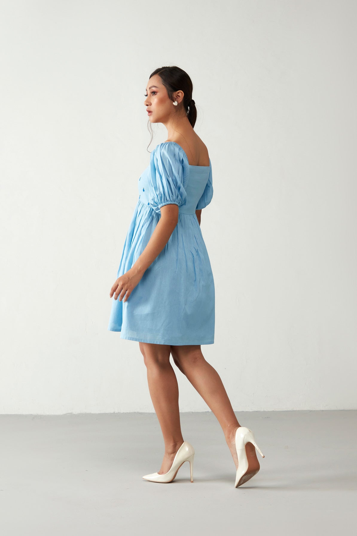 Blue Embroidered Puff Sleeve Dress