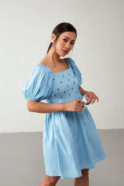 Blue Embroidered Puff Sleeve Dress