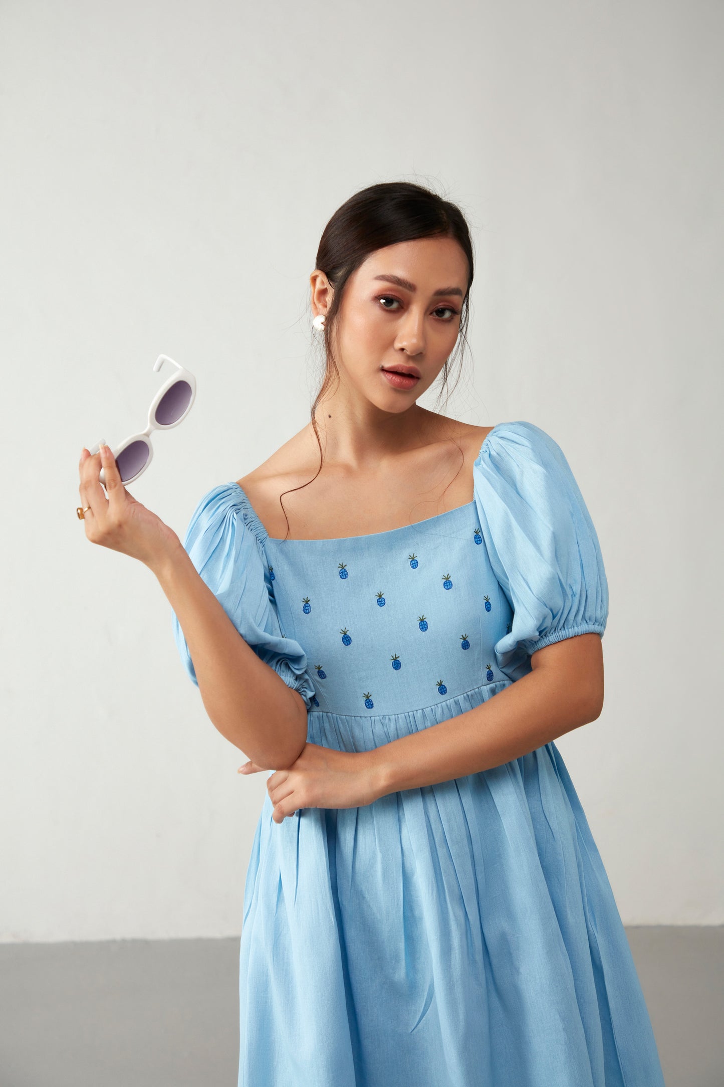 Blue Embroidered Puff Sleeve Dress