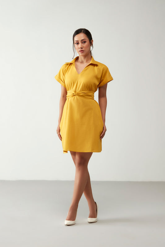 Yellow Cinched With Belt Dress