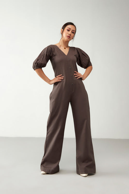 Brown Flawless with Puff Sleeve Jumpsuit