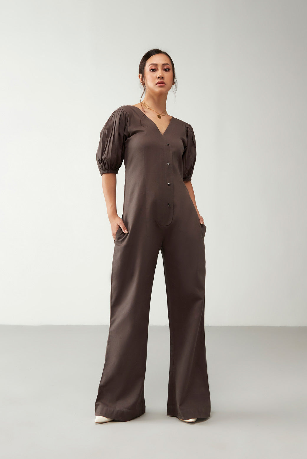 Brown Flawless with Puff Sleeve Jumpsuit