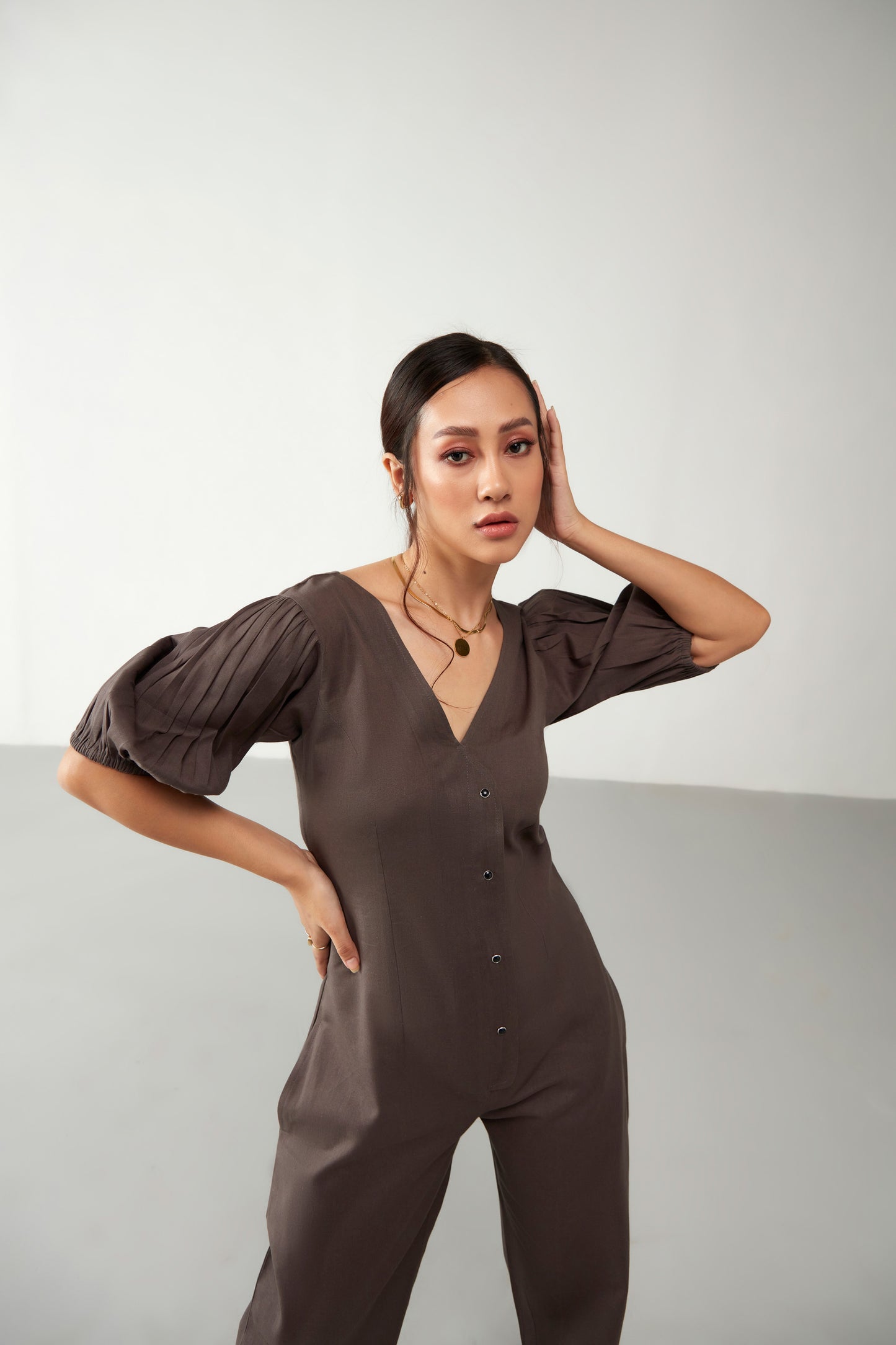 Brown Flawless with Puff Sleeve Jumpsuit