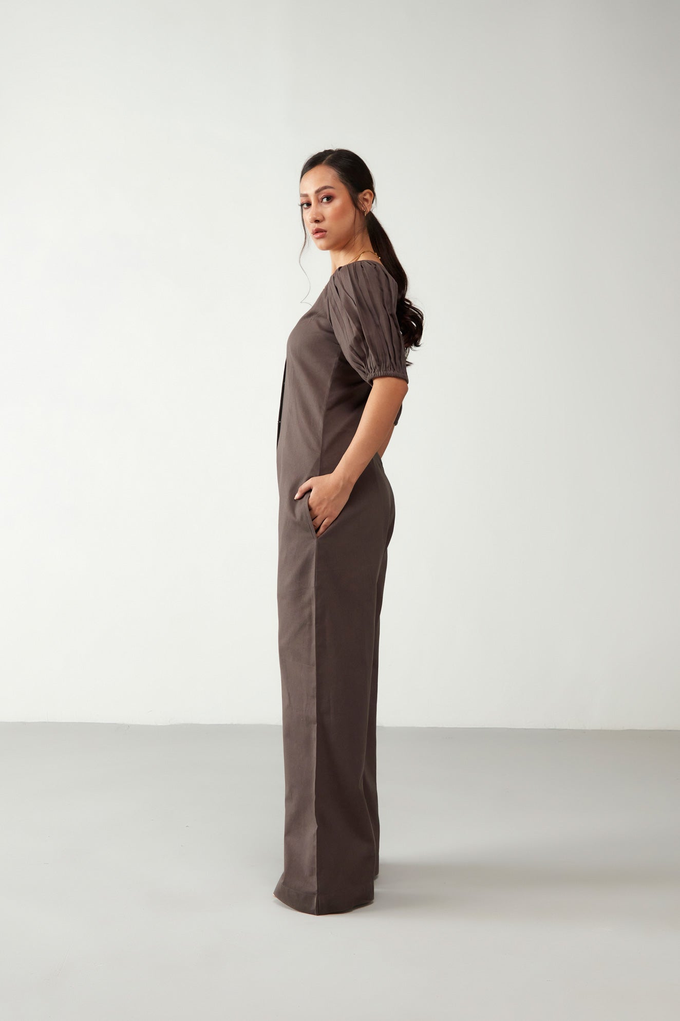 Brown Flawless with Puff Sleeve Jumpsuit