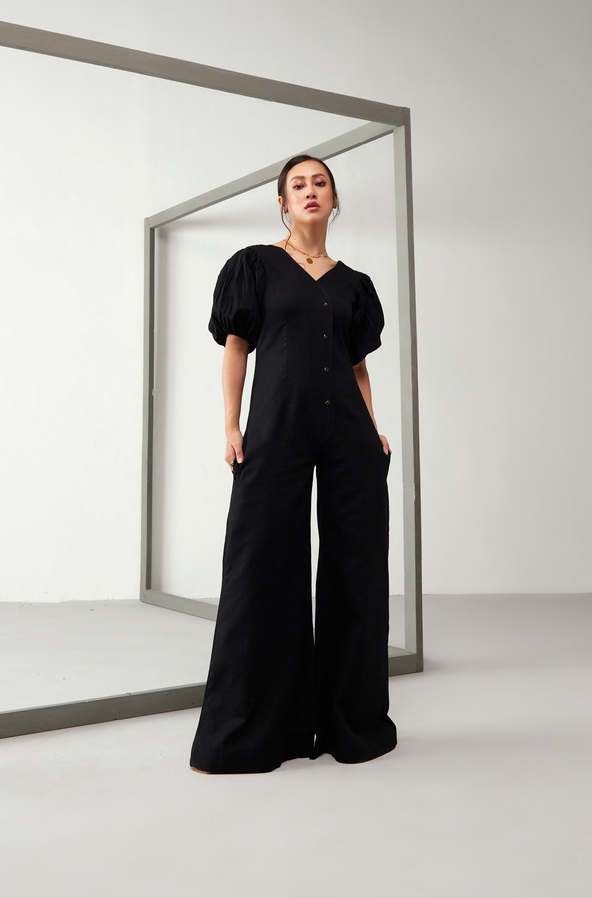 Black Flawless with Puff Sleeve Jumpsuit