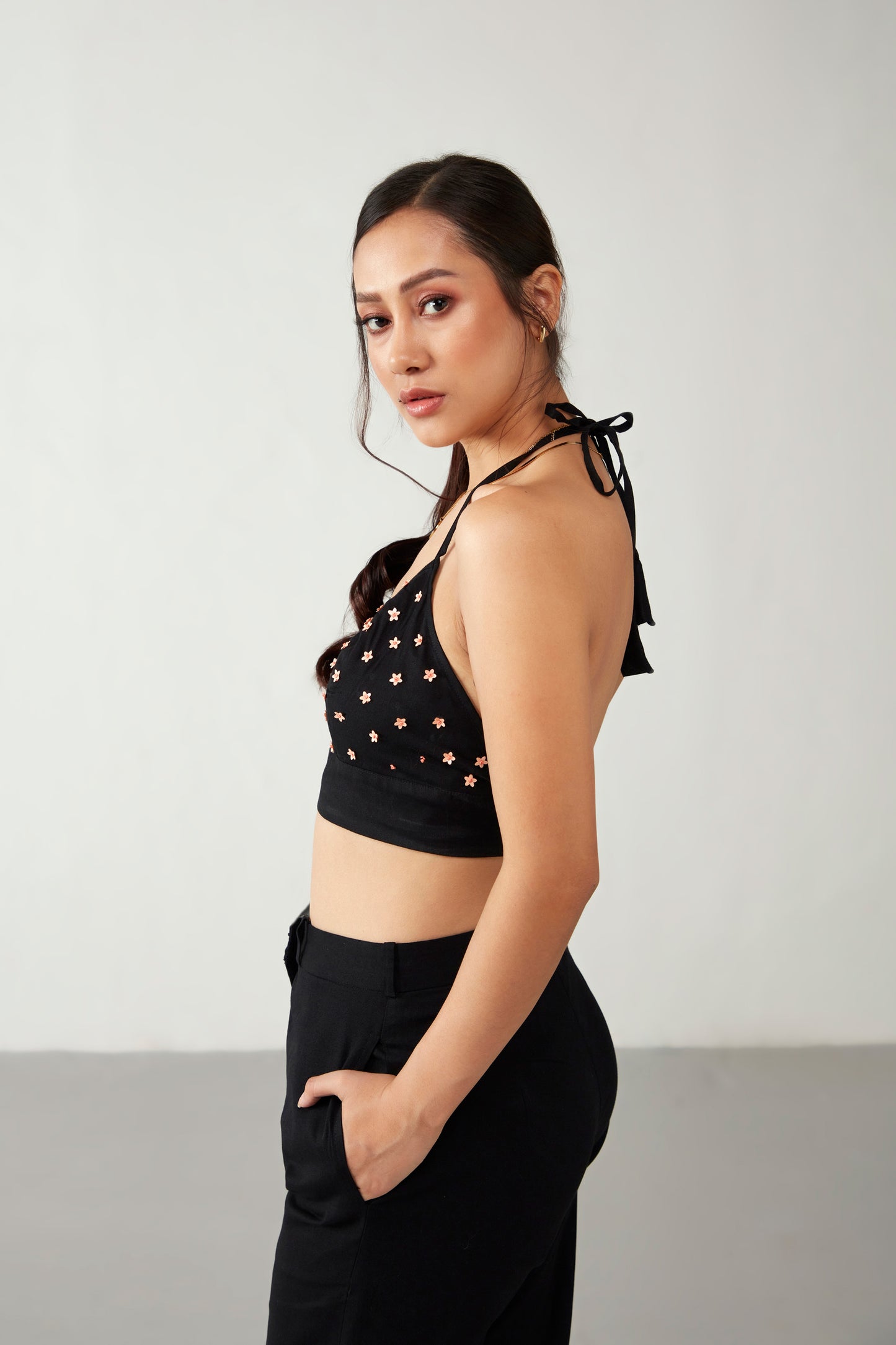 Black Floral Embroidered Cotton Crop Top