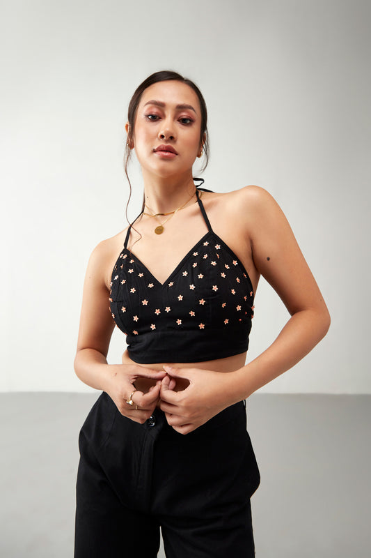 Black Floral Embroidered Cotton Crop Top