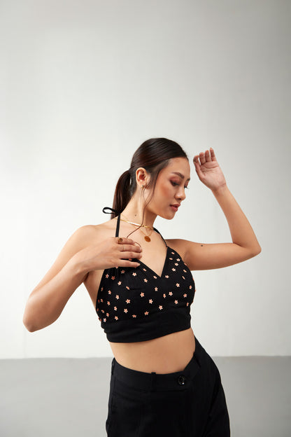 Black Floral Embroidered Cotton Crop Top