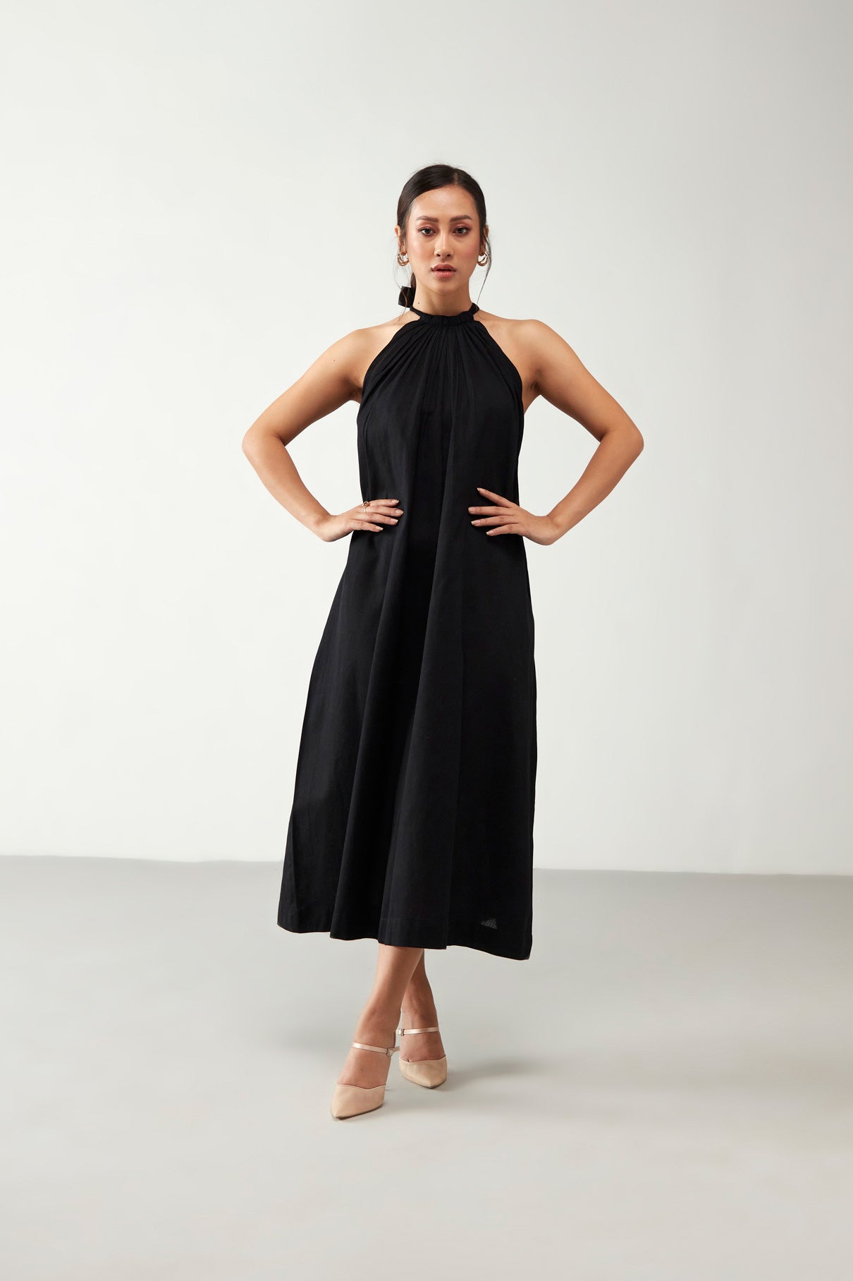 Black Neckline Tie up with Belt Dress