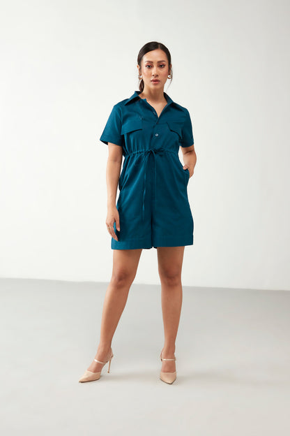 Teal Blue Collar Style Anti Fit Jumpsuit