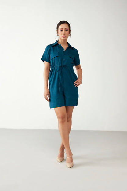 Teal Blue Collar Style Anti Fit Jumpsuit