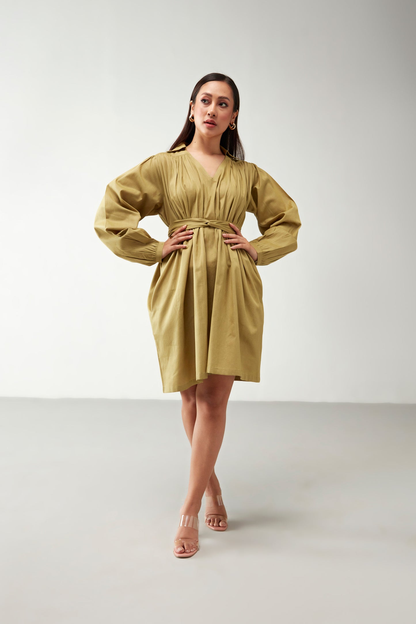 Green Collar style Puff Power Sleeve Dress