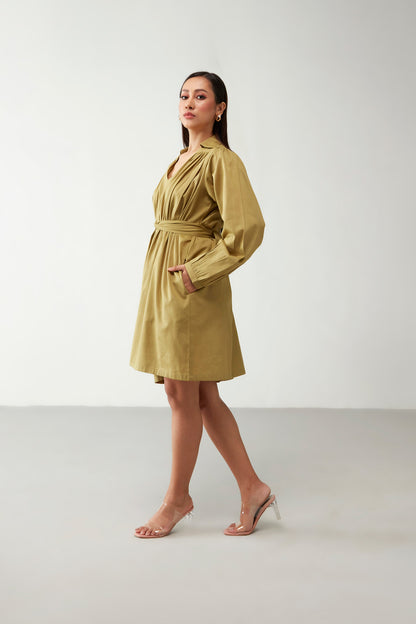 Green Collar style Puff Power Sleeve Dress