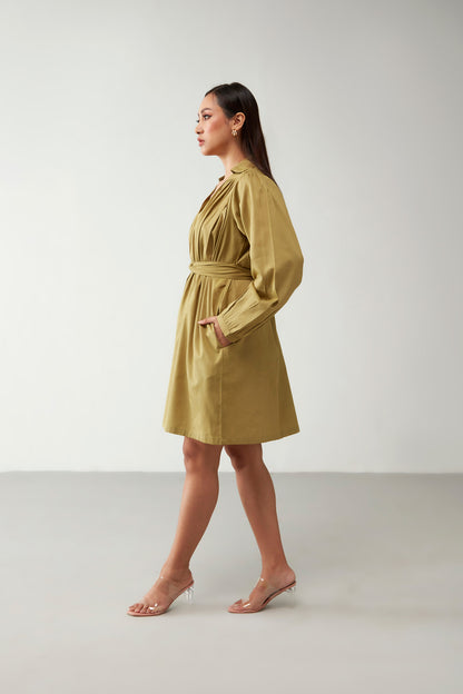 Green Collar style Puff Power Sleeve Dress