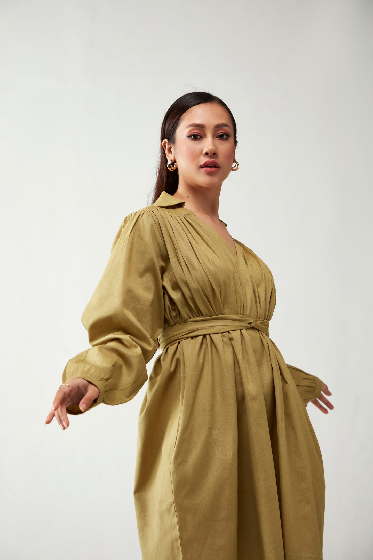 Green Collar style Puff Power Sleeve Dress