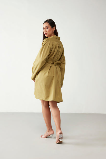 Green Collar style Puff Power Sleeve Dress