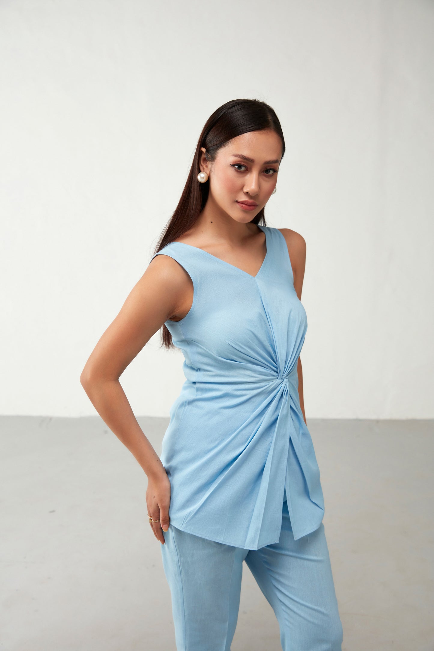 Blue Twist Top V Neckline Cotton Shirt