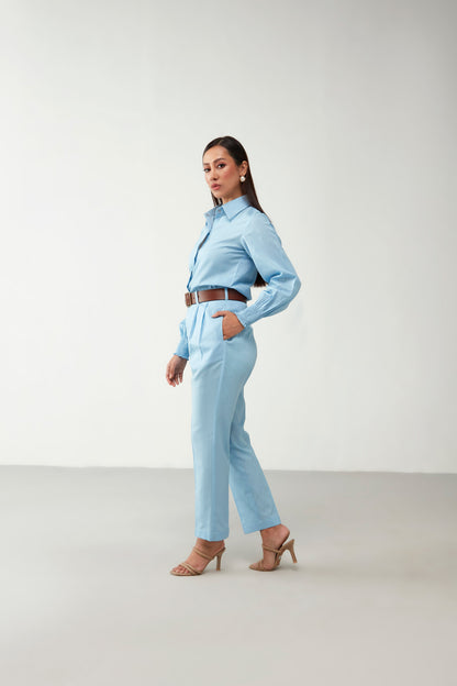 Blue Shirt style Cotton Co-Ord Set