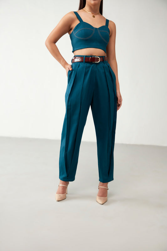 Teal Blue Pleated Trouser