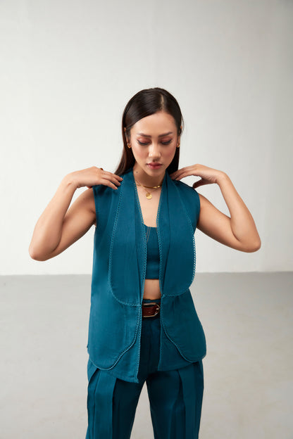 Teal Blue Layered Shawl Collar Cotton Jacket