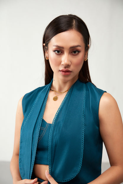 Teal Blue Layered Shawl Collar Cotton Jacket