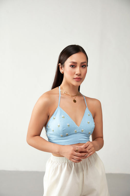 Blue Floral Embroidered Cotton Crop Top