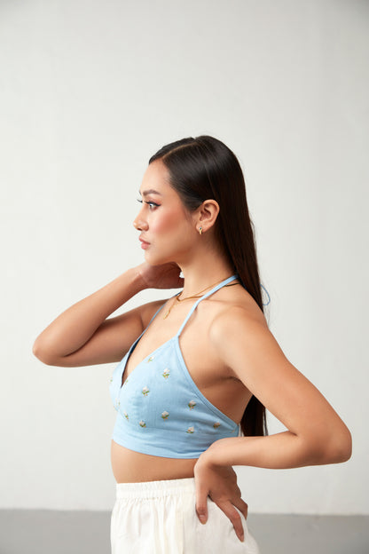 Blue Floral Embroidered Cotton Crop Top