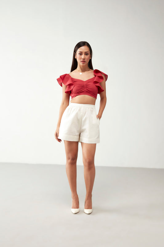 Red & Off white Ruffle Crop top Cotton Co-Ord Set