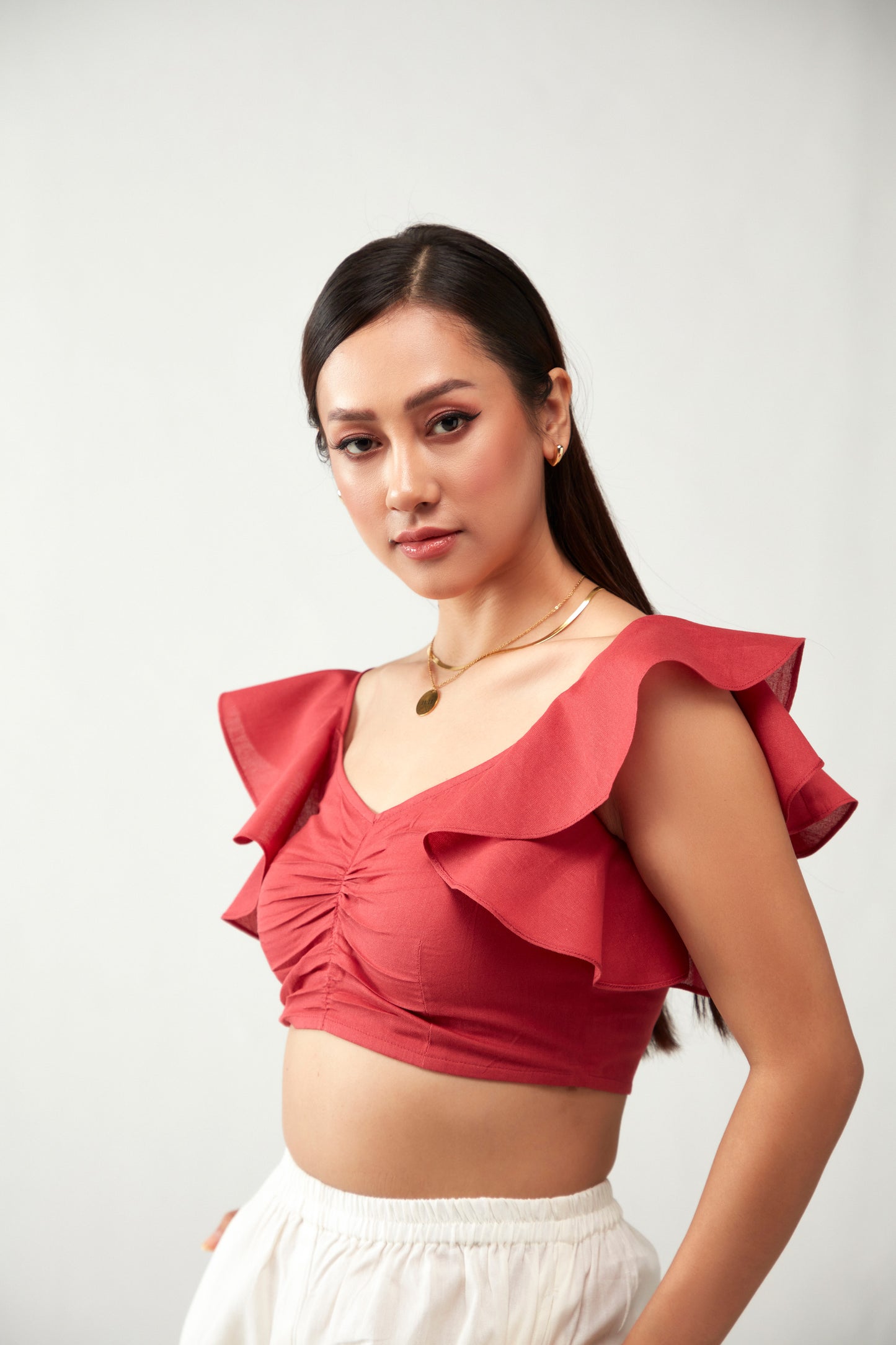 Red Gathered Details Ruffles Cotton Crop Top