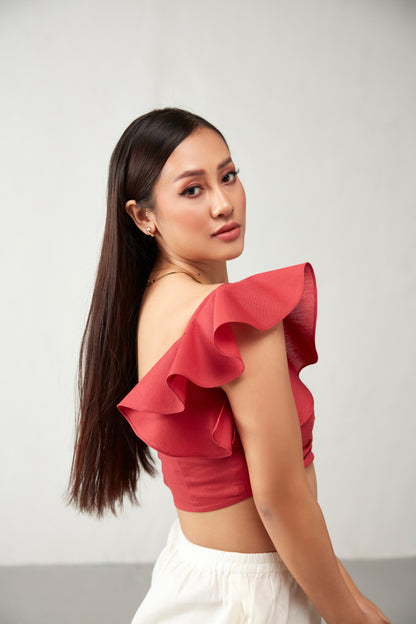 Red Gathered Details Ruffles Cotton Crop Top