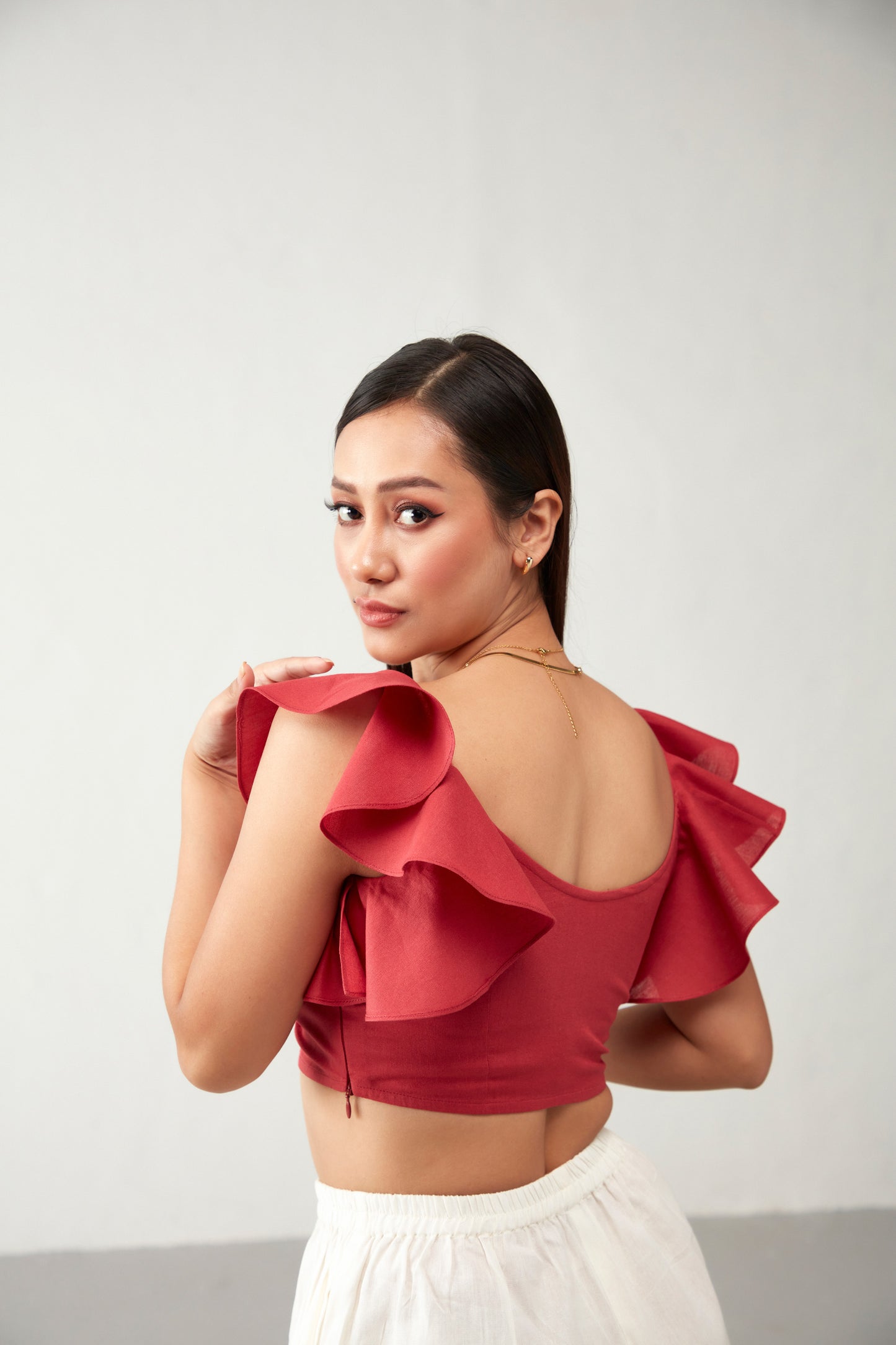 Red Gathered Details Ruffles Cotton Crop Top