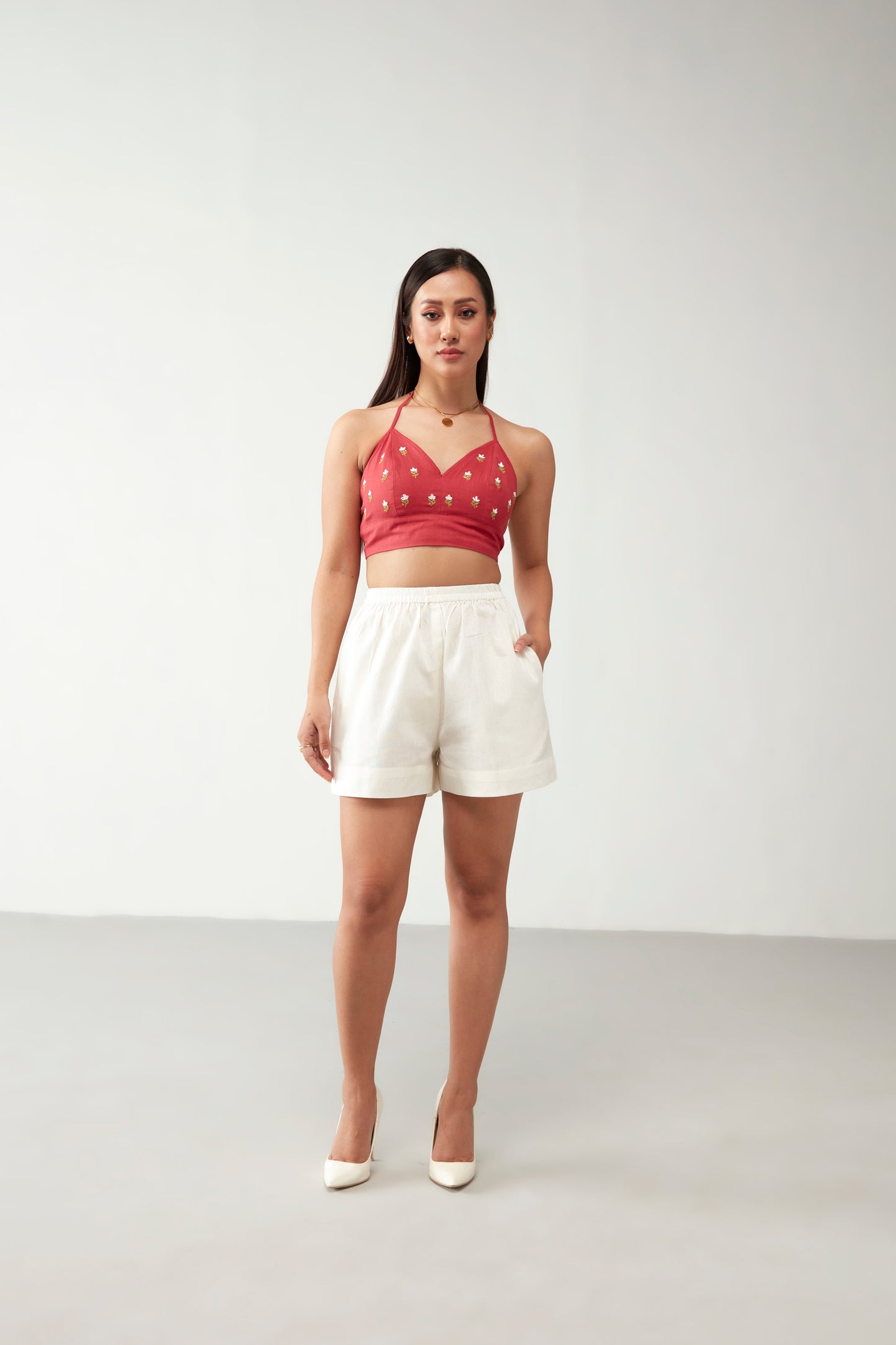 Off White Elastic Band Cotton Shorts